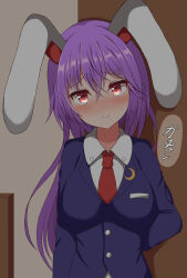 Rule 34 | 1girl, absurdres, animal ears, arm behind back, blazer, blush, breasts, buttons, collared shirt, commentary request, crescent, guard vent jun, hair between eyes, heart, heart-shaped pupils, highres, indoors, jacket, long hair, looking at viewer, medium breasts, necktie, purple hair, rabbit ears, red eyes, red necktie, reisen udongein inaba, shirt, smile, solo, symbol-shaped pupils, touhou, translation request, upper body, very long hair, white shirt, yandere