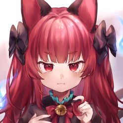 Rule 34 | 1girl, alternate hairstyle, animal ears, bell, black dress, blush, cat ears, closed mouth, commentary, dress, extra ears, highres, jingle bell, kaenbyou rin, long hair, portrait, red eyes, red hair, solo, symbol-only commentary, touhou, utsuro114514