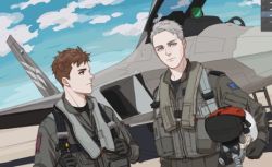 Rule 34 | 2boys, ace combat, ace combat 04, ace combat 7: skies unknown, aircraft, airplane, blue eyes, blue sky, brown hair, cloud, cockpit, emblem, f-22 raptor, fighter jet, grey eyes, holding, jet, looking at another, looking at viewer, lowres, md5 mismatch, military, military vehicle, mobius 1, multiple boys, patch, pilot, pilot helmet, pilot suit, resolution mismatch, silver hair, sky, skyleranderton, source larger, trigger (ace combat)