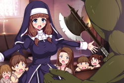 Rule 34 | 3boys, 4girls, angry, axe, blood, blue eyes, breasts, brown hair, candle, church, church interior, cross, crucifix, large breasts, long hair, lyricbox, multiple boys, multiple girls, nun, orc, pew, protecting, scared, shingeki no orc, solo focus, tears, weapon