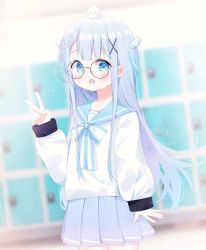 Rule 34 | 1girl, :d, ahoge, amatsuka uto, animal, animal on head, black-framed eyewear, blue eyes, blue hair, blue sailor collar, blue skirt, blurry, blurry background, blush, bow, commentary request, depth of field, deyui, glasses, hair ornament, hand up, highres, indie virtual youtuber, long hair, long sleeves, looking at viewer, on head, open mouth, pleated skirt, puffy long sleeves, puffy sleeves, round eyewear, sailor collar, school uniform, serafuku, shirt, skirt, sleeves past wrists, smile, solo, striped, striped bow, teeth, two side up, upper teeth only, v, very long hair, virtual youtuber, white shirt, wing hair ornament, x hair ornament