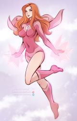 Rule 34 | 1girl, atom eve, boots, breasts, cape, closed mouth, cloud, commentary, covered navel, english commentary, floating, floating cape, forehead, full body, green eyes, highres, invincible (series), jammeryx, knee boots, knee up, knees together feet apart, leotard, looking at viewer, medium breasts, orange hair, patreon username, pink leotard, sidelocks, signature, sky, solo, standing, standing on one leg, thighs, twitter username, venus symbol