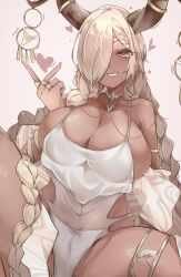 Rule 34 | 1girl, absurdres, asymmetrical bangs, azur lane, blush, braid, breasts, brown horns, cleavage, collarbone, dark-skinned female, dark skin, hair over one eye, hand up, heart, highres, horn ornament, horns, jewelry, kive, large breasts, large horns, long bangs, long hair, looking at viewer, low twin braids, mole, mole under mouth, one-piece swimsuit, one eye covered, owari (azur lane), owari (shimmering forsythia) (azur lane), parted lips, ring, simple background, smile, solo, spread legs, swimsuit, twin braids, white background, white swimsuit