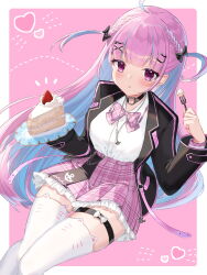 Rule 34 | 1girl, ahoge, anchor necklace, anchor print, animal ear legwear, black bow, black choker, black jacket, blazer, blue hair, blunt bangs, blush, border, bow, bowtie, braid, breasts, cake, cat ear legwear, cat hair ornament, choker, colored inner hair, cropped legs, food, fork, frilled skirt, frills, fruit, hair bow, hair ornament, hairclip, heart, highres, holding, holding fork, holding plate, hololive, jacket, jewelry, long hair, long sleeves, looking at viewer, medium breasts, minato aqua, minato aqua (school uniform), multicolored hair, necklace, open clothes, open jacket, parted lips, pink background, pink bow, pink bowtie, pink skirt, plaid, plaid bow, plaid bowtie, plaid skirt, plate, purple eyes, purple hair, runlan 0329, shirt, simple background, sitting, skirt, solo, strawberry, strawberry shortcake, streaked hair, thigh strap, thighhighs, thighs, two side up, very long hair, virtual youtuber, white border, white bow, white shirt, white thighhighs, x hair ornament, zettai ryouiki