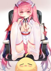 Rule 34 | 14c, 1girl, absurdres, ahoge, azur lane, blush, breasts, breasts apart, brown background, cameltoe, chair, clipboard, closed mouth, commentary request, demon wings, dress, full body, gloves, gradient background, half gloves, hat, highres, holding, holding pencil, knees up, lanyard, long hair, manjuu (azur lane), mechanical pencil, medium breasts, no shoes, nurse, nurse cap, office chair, on chair, panties, pencil, perseus (azur lane), perseus (unfamiliar duties) (azur lane), pink eyes, pink gloves, pink hair, pink panties, puffy sleeves, red wings, soles, solo, swivel chair, thighhighs, twintails, underwear, very long hair, wavy mouth, white background, white dress, white hat, white thighhighs, wings
