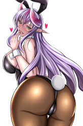 Rule 34 | 1girl, absurdres, alternate costume, ass, black leotard, breasts, curvy, demon girl, detached collar, full body, heart, high heels, highleg, highleg leotard, highres, horns, huge ass, kanna (minamozuki), large breasts, leotard, lilim (awoken), lilim (taimanin asagi battle arena), long hair, looking back, multicolored hair, nail polish, naughty face, official alternate costume, official art, playboy bunny, pointy ears, rabbit ears, shiny clothes, shiny skin, smile, solo, taimanin (series), taimanin rpgx, very long hair, white background, white hair, wide hips, yellow eyes