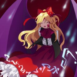Rule 34 | 1girl, arms behind back, bat wings, black vest, blonde hair, center frills, closed eyes, commentary request, elis (touhou), facial mark, facing viewer, fang, flat chest, flower, frills, hair flower, hair ornament, hair ribbon, kaigen 1025, large wings, long hair, long sleeves, neck ribbon, open clothes, open mouth, open vest, petticoat, pointy ears, purple eyes, red background, red flower, red ribbon, red skirt, ribbon, shirt, simple background, skirt, smile, solo, star (symbol), star facial mark, touhou, touhou (pc-98), vest, white shirt, wings