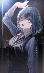 Rule 34 | 1girl, :d, arm up, black sweater vest, blue hair, blue necktie, blurry, blurry background, collared shirt, commentary, green eyes, highres, kurokawa akane, long sleeves, looking at viewer, medium hair, necktie, night, open mouth, oshi no ko, shirt, smile, solo, standing, star-shaped pupils, star (symbol), star in eye, sweater vest, swept bangs, symbol-shaped pupils, symbol in eye, teeth, toyanoituki, upper body, upper teeth only, vest, white shirt