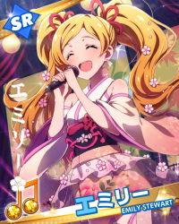 Rule 34 | 10s, 1girl, ^ ^, bare shoulders, beamed quavers, blonde hair, character name, character signature, closed eyes, emily stewart, idolmaster, idolmaster million live!, japanese clothes, long hair, microphone, music, musical note, official art, open mouth, signature, singing, smile, solo, twintails, wireless