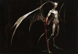 Rule 34 | dark souls (series), dark souls i, demon wings, from software, highres, horns, impaled, no humans, official art, polearm, scan, solo, spear, teeth, weapon, wings