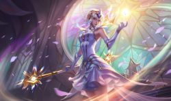 Rule 34 | 1girl, alternate costume, brazier, breasts, crown, crystal, dress, elementalist lux, gloves, league of legends, light elementalist lux, lux (league of legends), md5 mismatch, medium breasts, official art, petals, resized, stained glass, throne, tiara, wand, white dress