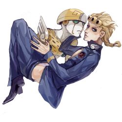 Rule 34 | 1boy, blonde hair, blue eyes, braid, bug, cleavage cutout, clothing cutout, floating, full body, giorno giovanna, gold experience, insect, jojo no kimyou na bouken, kaname (emanalc), ladybug, male focus, multiple boys, simple background, stand (jojo), vento aureo