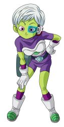 Rule 34 | 1girl, absurdres, armor, belt, bodysuit, bodysuit under armor, breastplate, breasts, cheelai, closed mouth, colored skin, dragon ball, dragon ball super, full body, gloves, green skin, gun, hand on own hip, hand on own knee, highres, incredibly absurdres, looking at viewer, medium breasts, motor vehicle, pink eyes, purple bodysuit, scooter, scouter, short hair, smile, solo, weapon, white footwear, white gloves, white hair