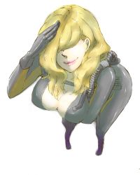 Rule 34 | 1girl, blonde hair, breasts, large breasts, rachael foley, resident evil, resident evil: revelations, salute, simple background, smile, solo