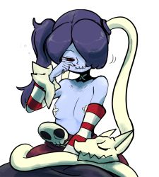 Rule 34 | 1girl, blue hair, blue skin, breasts, choker, colored skin, detached sleeves, hair over one eye, leviathan (skullgirls), m.purin, monster girl, red eyes, skullgirls, sleeping, squigly (skullgirls), stitched mouth, stitches, zombie