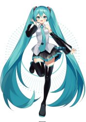 Rule 34 | 1girl, black footwear, black skirt, black sleeves, blue eyes, blue hair, blue necktie, blue trim, boots, collared shirt, commentary, detached sleeves, full body, grey shirt, hatsune miku, highres, long hair, necktie, niwa (niwaniwa 1227), pleated skirt, shirt, skirt, sleeveless, sleeveless shirt, solo, standing, standing on one leg, thigh boots, twintails, very long hair, vocaloid