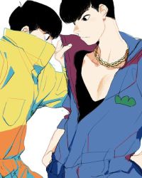 Rule 34 | 10s, 2boys, black hair, brothers, chain, chain necklace, engraulis, hands in pockets, high collar, jewelry, jumpsuit, male focus, matsuno jyushimatsu, matsuno karamatsu, multiple boys, necklace, osomatsu-kun, osomatsu-san, osomatsu (series), popped collar, shirt, siblings, simple background, t-shirt, v-neck, white background