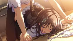 Rule 34 | 1boy, 1girl, andou misaki, ass, black thighhighs, blush, brown hair, chrono clock, clothed sex, cum, doggystyle, faceless, faceless male, facial, fortissimo, game cg, hair ornament, hand grab, hetero, koku, long hair, musical note, musical note hair ornament, necktie, on floor, open mouth, panties, unworn panties, pleated skirt, purple eyes, purple panties, restrained, school uniform, sex, sex from behind, side-tie panties, skirt, solo focus, sweat, tears, thighhighs, top-down bottom-up, underwear, untied panties