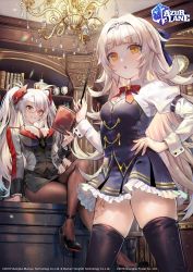 Rule 34 | 2girls, absurdres, antenna hair, azur lane, bad id, bad twitter id, black legwear, black skirt, book, bow, bowtie, breasts, brooch, brown legwear, chandelier, cleavage, cowboy shot, crossed legs, frilled skirt, frills, glasses, hair bow, hair ornament, hairband, hand on own hip, highres, holding, indoors, jacket, jewelry, juliet sleeves, large breasts, lino chang, long hair, long sleeves, looking at viewer, medium breasts, miniskirt, mole, mole under eye, multicolored hair, multiple girls, necktie, official art, pantyhose, parted lips, pencil skirt, pleated skirt, pointer, prinz eugen (azur lane), puffy sleeves, red eyes, shirt, sitting, skirt, smile, standing, streaked hair, thighhighs, thighs, two side up, underbust, very long hair, white hair, white shirt, yellow eyes, z46 (azur lane), zettai ryouiki