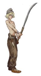 Rule 34 | 1boy, blonde hair, body freckles, breasts, brown footwear, brown pants, closed mouth, eyepatch, falx (weapon), fighting stance, freckles, grey headwear, highres, holding, holding weapon, looking at viewer, mossacannibalis, navel, nipples, one eye covered, original, pants, shoes, short hair, small breasts, solo, standing, topless, topless male, weapon