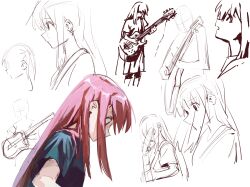 Rule 34 | 2girls, black shirt, bocchi the rock!, closed mouth, commentary, egakuning, electric guitar, english commentary, gotoh hitori, guitar, highres, instrument, kita ikuyo, long hair, multiple girls, multiple views, one side up, open mouth, parted lips, partially colored, playing guitar, shirt, short sleeves, sketch, unfinished