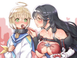 Rule 34 | 1boy, 1girl, age difference, ahoge, bad id, bad pixiv id, bandaged arm, bandages, bare shoulders, black hair, blonde hair, blush, braid, breasts, collar, collarbone, commentary request, eye contact, folks (nabokof), food, fork, fruit, green eyes, laphicet (tales), large breasts, long hair, looking at another, open mouth, short hair, single braid, strawberry, tales of (series), tales of berseria, underboob, velvet crowe, yellow eyes