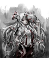 Rule 34 | 1girl, bow, breasts, collared shirt, cowboy shot, expressionless, female focus, fox mask, fujiwara no mokou, grey background, greyscale, gyup91, hair bow, hand in pants, long hair, looking at viewer, mask, monochrome, one eye covered, open mouth, pants, red eyes, red pants, shirt, short sleeves, silver hair, small breasts, solo, spot color, standing, suspenders, touhou, very long hair, white shirt