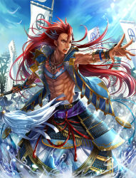 Rule 34 | 1boy, abs, banner, bird, dark skin, dark-skinned male, faceless, faceless male, jewelry, long hair, male focus, mitsunari miyako, multicolored hair, necklace, open mouth, original, red eyes, red hair, sengoku taisen, topless male, sky, solo, solo focus, tree, two-tone hair, very long hair, water, white hair