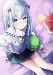 Rule 34 | 10s, 1girl, artist name, bed, bed sheet, blush, bow, bowtie, closed mouth, eromanga sensei, from above, hair bow, hand up, holding, holding stuffed toy, indoors, izumi sagiri, long hair, long sleeves, looking at viewer, low-tied long hair, on bed, pink bow, pleated skirt, reaching, reaching towards viewer, sailor collar, school uniform, selfie, serafuku, shirt, sidelocks, sitting, skirt, solo, stuffed animal, stuffed octopus, stuffed toy, tr (kangtw123), very long hair, yellow bow, yellow bowtie
