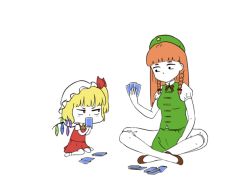 Rule 34 | 2girls, animated, animated gif, beret, blonde hair, bow, braid, card, chibi, chinese clothes, crystal, flandre scarlet, full body, hand up, hands up, hat, heart, holding, holding card, hong meiling, long hair, looking at another, manamanami, medium hair, mob cap, multiple girls, old maid, photo (object), playing card, puffy short sleeves, puffy sleeves, red bow, red eyes, red hair, red skirt, shirt, short sleeves, side ponytail, simple background, sitting, skirt, skirt set, smile, star (symbol), throwing, touhou, twin braids, vest, cane, wariza, white background, wings, yakumo yukari
