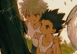 Rule 34 | 2boys, black hair, bug, butterfly net, cicada, clenched teeth, closed mouth, gon freecss, grey hair, hair between eyes, hand net, highres, holding, holding butterfly net, hunter x hunter, insect, kiko, killua zoldyck, male focus, multiple boys, outdoors, shorts, sound effects, spiked hair, sweat, tank top, teeth, tree, white tank top