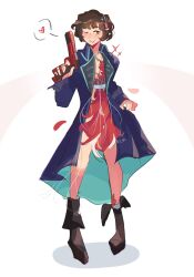 Rule 34 | 1girl, black footwear, blush, boots, brown eyes, brown hair, coat, commentary, dress, english commentary, feather dress, gun, handgun, headdress, heart, highres, holding, holding gun, holding weapon, long sleeves, looking at viewer, one eye closed, parted lips, purple coat, red dress, reverse:1999, roseiid, schneider (reverse:1999), short hair, simple background, smile, solo, sparkle, spoken heart, weapon, white background