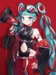 Rule 34 | 1girl, 39, absurdres, aqua hair, bare shoulders, black jacket, black leotard, blue eyes, blunt bangs, blush, breasts, chain, chain necklace, closed mouth, clothing cutout, commentary, down jacket, drop shadow, fang, fang out, goggles, goggles on head, hand on own hip, hatsune miku, highres, holding, holding megaphone, jacket, jewelry, leotard, leotard under clothes, long hair, long sleeves, looking at viewer, magical mirai (vocaloid), magical mirai miku, magical mirai miku (2023), megaphone, multicolored hair, nail polish, navel, navel cutout, necklace, noneon319, off shoulder, open clothes, open jacket, pants, puffy long sleeves, puffy sleeves, red background, red hair, red nails, red pants, ring hair ornament, simple background, skin fang, sleeves past wrists, small breasts, smile, solo, spiked ear piercing, stomach cutout, streaked hair, twintails, two-tone hair, v-shaped eyebrows, very long hair, vocaloid