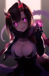 Rule 34 | 1girl, backlighting, blurry, breasts, brown hair, cleavage, demon girl, depth of field, eriko (princess connect!), glowing, head tilt, holding, holding jewelry, holding ring, horns, jewelry, large breasts, looking at viewer, naughty face, open mouth, princess connect!, purple eyes, ring, shaded face, short hair, smile, solo, symbol-shaped pupils, yandere