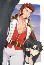 Rule 34 | 2boys, bara, blue eyes, brown hair, cannon, carrying, carrying person, carrying under arm, collared jacket, command spell, cross scar, facial hair, fate/grand order, fate (series), feet out of frame, from below, fujimaru ritsuka (male), goatee, highres, jacket, leather belt, long sideburns, looking to the side, male focus, multiple boys, muscular, muscular male, napoleon bonaparte (fate), scar, scar on chest, shitappa, short hair, sideburns, thighs