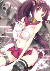 Rule 34 | 10s, 1girl, blush, breasts, brown eyes, brown hair, cannon, cherry blossoms, covering privates, covering crotch, detached sleeves, flower, hair flower, hair ornament, headgear, kantai collection, large breasts, long hair, midriff, miniskirt, no panties, odero, personification, petals, ponytail, red eyes, shirt, single thighhigh, skirt, solo, thigh strap, thighhighs, torn clothes, torn shirt, torn skirt, torn thighhighs, turret, umbrella, very long hair, wardrobe malfunction, wavy mouth, yamato (kancolle)