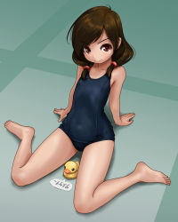 Rule 34 | &gt;:), 1girl, bare arms, bare legs, bare shoulders, barefoot, blue one-piece swimsuit, blush, brown hair, closed mouth, commentary request, hair over shoulder, long hair, old school swimsuit, one-piece swimsuit, original, red eyes, rohitsuka, rubber duck, school swimsuit, smile, solo, swimsuit, translated, v-shaped eyebrows
