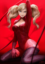 Rule 34 | 1girl, arm up, blonde hair, blue eyes, bodysuit, boots, breasts, cheesewoo, cleavage, cleavage cutout, clothing cutout, floating hair, gloves, highres, long hair, looking at viewer, medium breasts, persona, persona 5, pink gloves, purple footwear, red background, red bodysuit, signature, sitting, smile, smug, solo, swept bangs, takamaki anne, thigh boots, thighhighs, twintails