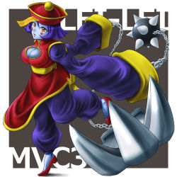 Rule 34 | 1girl, ball and chain (weapon), blue eyes, blue hair, blue skin, blush, blush stickers, breasts, capcom, chinese clothes, claws, cleavage, cleavage cutout, clothing cutout, colored skin, flipped hair, hat, jiangshi, large breasts, lei lei, marvel, marvel vs. capcom, marvel vs. capcom 3, matching hair/eyes, ofuda, pants, qingdai guanmao, shimusu, short hair, solo, spike ball, spiked ball and chain, vampire (game), yellow eyes
