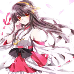 Rule 34 | 10s, 1girl, bad id, bad pixiv id, bare shoulders, black hair, blush, brown eyes, cherry blossoms, detached sleeves, hair ornament, hairband, hairclip, haruna (kancolle), headgear, japanese clothes, kantai collection, long hair, mono969211, nontraditional miko, open mouth, petals, simple background, skirt, solo