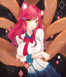 Rule 34 | 1girl, :p, academy ahri, ahri (league of legends), animal ears, aran sweater, breast hold, breasts, cable knit, crossed arms, facial mark, fox ears, fox tail, hair ornament, hairclip, heart, heart hair ornament, highres, huge breasts, large breasts, league of legends, long hair, looking at viewer, moochirin, multiple tails, plaid, plaid skirt, red hair, skirt, slit pupils, smile, solo, standing, sweater, tail, tongue, tongue out, whisker markings, yellow eyes