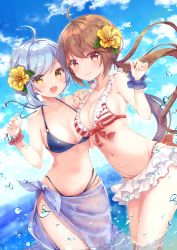 Rule 34 | 2girls, :d, ahoge, bare shoulders, bikini, bikini skirt, blue sky, breasts, brown eyes, brown hair, character request, cleavage, closed mouth, cloud, collarbone, commentary request, day, floating hair, flower, frilled bikini, frills, front-tie bikini top, front-tie top, gomano rio, groin, hair flower, hair ornament, halterneck, hands up, hibiscus, highres, holding hands, large breasts, long hair, looking at viewer, low twintails, multi-strapped bikini, multiple girls, navel, o-ring, o-ring bikini, official art, open mouth, outdoors, re:wing, sarong, short hair, silver hair, sky, smile, standing, stomach, striped bikini, striped clothes, swimsuit, thighs, twintails, very long hair, wading, water, wet, wrist cuffs, yellow eyes, yellow flower