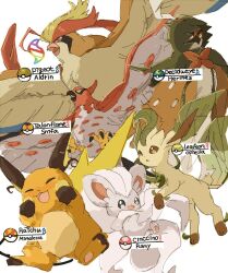 :3 :d animal_focus animal_hands bird black_eyes brown_eyes brown_feathers cc8nw42u15apug0 character_name cinccino cloak creatures_(company) decidueye feathers game_freak gen_1_pokemon gen_4_pokemon gen_5_pokemon gen_6_pokemon gen_7_pokemon green_cloak green_fur grey_feathers grey_fur leaf leafeon looking_at_viewer looking_to_the_side mega_pidgeot mega_pokemon nintendo no_humans open_mouth pidgeot poke_ball pokemon pokemon_(creature) raichu red_eyes simple_background smile talonflame talons white_background white_fur yellow_eyes yellow_feathers yellow_fur