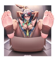 Rule 34 | 1girl, absurdres, anger vein, angry, aqua eyes, armpits, barefoot, black hair, blurry, blush, box, breasts, cardboard box, cloud retainer (genshin impact), colored inner hair, depth of field, earrings, feet, feet up, foot focus, foreshortening, genshin impact, glasses, hair ornament, highres, in box, in container, jewelry, large breasts, legs, long hair, looking at viewer, mimuxiao, multicolored hair, no shoes, open mouth, perspective, presenting foot, red-framed eyewear, semi-rimless eyewear, soles, solo, stirrup legwear, tassel, tassel earrings, toeless legwear, toes, two-tone hair, very long hair, xianyun (genshin impact)