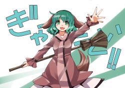 Rule 34 | 1girl, :d, animal ears, arm up, bamboo broom, blush stickers, broom, brown dress, cowboy shot, dog ears, dog tail, dress, fang, green eyes, green hair, kasodani kyouko, long sleeves, looking at viewer, one-hour drawing challenge, open mouth, smile, solo, tail, touhou, umigarasu (kitsune1963)