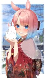 Rule 34 | 1girl, absurdres, animal, animal ears, bare tree, blue eyes, blue hair, blue sky, blurry, blurry background, bob cut, day, depth of field, furisode, go-1, gradient hair, grin, hatsumoude, highres, holding, holding animal, japanese clothes, kemonomimi mode, kimono, long sleeves, miruku (go-1), multicolored hair, new year, original, outdoors, pink hair, print kimono, rabbit, rabbit ears, red kimono, see-through, see-through shawl, shawl, short hair, sky, smile, solo, temple, textless version, tree, white shawl, wide sleeves