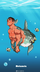 Rule 34 | 1boy, abs, bara, blush, cloaca, completely nude, dark-skinned male, dark skin, facial hair, fins, fish, full body, goatee, head fins, highres, long sideburns, male focus, merman, monster boy, muscular, muscular male, nipples, nude, original, pectorals, red nose, reverse newhalf, short hair, sideburns, smile, solo, stubble, sunfish, swimming, thick eyebrows, undercut, underwater, xiaolumiaoliya