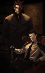 Rule 34 | 2boys, alternate costume, black eyes, black gloves, black hair, black jacket, black necktie, black pants, black shirt, brown hair, chair, collared shirt, commentary request, crossed legs, expressionless, fate/grand order, fate (series), feet out of frame, formal, gloves, grey shirt, hair over one eye, hand on hilt, highres, jacket, jacket on shoulders, katana, light smile, looking at viewer, male focus, multiple boys, muscular, muscular male, necktie, pants, pectorals, red necktie, renga2250, shirt, sitting, spiked hair, sword, takechi zuizan (fate), tanaka shinbei (fate), weapon