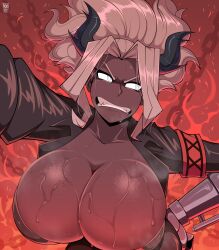 Rule 34 | 1girl, andro juniarto, black horns, black shirt, breasts, chain, cleavage, clenched teeth, collarbone, collared shirt, dark-skinned female, dark skin, demon girl, demon horns, fire, floating hair, hand on own hip, helltaker, highres, horns, huge breasts, judgement (helltaker), long sleeves, looking to the side, open clothes, open shirt, outstretched arm, ponytail, red background, shirt, sweat, teeth, upper body, white hair