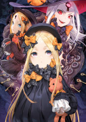 Rule 34 | 3girls, :d, abigail williams (fate), abigail williams (third ascension) (fate), b.c.n.y., black bow, black dress, black gloves, black hat, blonde hair, blue eyes, bow, bug, butterfly, closed mouth, commentary request, dress, fate/grand order, fate (series), forehead, gloves, glowing, glowing eyes, hair bow, hat, hat bow, highres, hugging object, insect, key, keyhole, long hair, long sleeves, looking at viewer, multiple girls, open mouth, orange bow, pale skin, parted bangs, polka dot, polka dot bow, purple eyes, red eyes, revealing clothes, sharp teeth, signature, sleeves past fingers, sleeves past wrists, smile, stuffed animal, stuffed toy, suction cups, teddy bear, teeth, tentacles, very long hair, white hair, witch hat